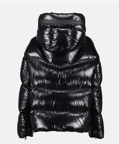 GUBBINO MONCLER DONNA NERO LUCIDO SCRITTA CAPPUCCIO